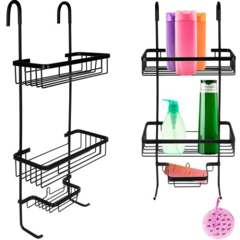 Raft suspendat negru 63 x 28,5 x 14 cm, 3 polite, aluminiu, fara gaurire, organizator pentru cabina de dus cu ventuza de stabilizare [8]
