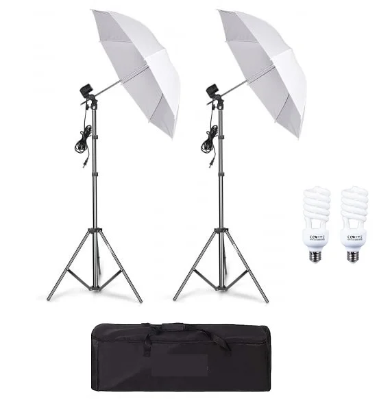 RESIGILATE - RESIGILAT - Kit de 2 umbrele albe, 2 trepiezi reglabili 200 cm, 2 becuri 45W, geanta de transport inclusa