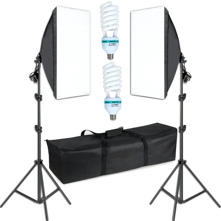 RESIGILATE - RESIGILAT-Set 2 lampi softbox pentru studio foto-video, 50 x 70 cm, cu 2 trepiede reglabile pana la 200 cm, 2 becuri 150W 5500K, husa transport inclusa( ( Prezinta urme de montare .. produs apropae no