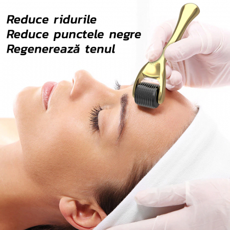 Rola Dermatologica 3 in 1 - Capete Detasabile, Masaj Facial, Regenerarea Pielii, 0,25/0,5/1,5 mm, Ace Titan, Auriu [2]