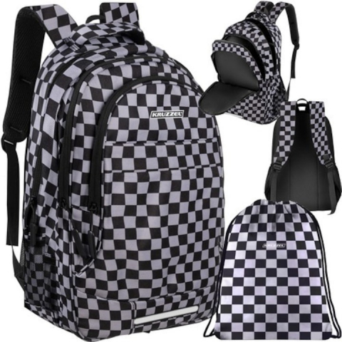 Diverse copii - Ghiozdan rucsac cu model in carouri, 30l, negru, cu sac pentru incaltaminte