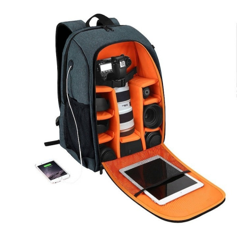 Becuri & Accesorii - Rucsac pentru camera, echipament foto, impermeabil, 43 x 30 x 19.5 cm, gri/portocaliu