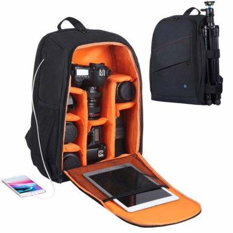 Becuri & Accesorii - Rucsac pentru camera, echipament foto, impermeabil, 43 x 30 x 19.5 cm, negru/portocaliu