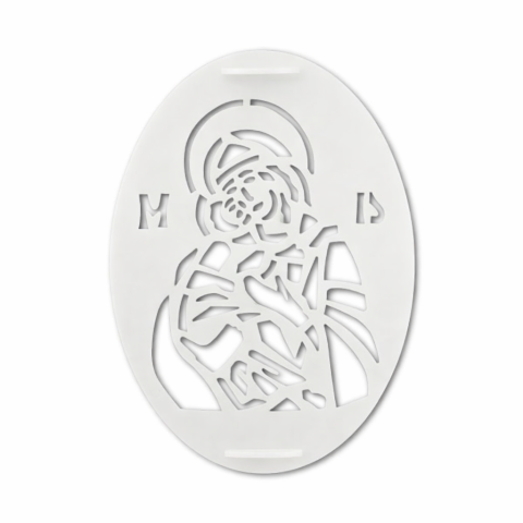 CASA & GRADINA - Sablon oval decor coliva cu icoana Maica Domnului cu Pruncul, forma decorare coliva, plastic alimentar, reutilizabil
