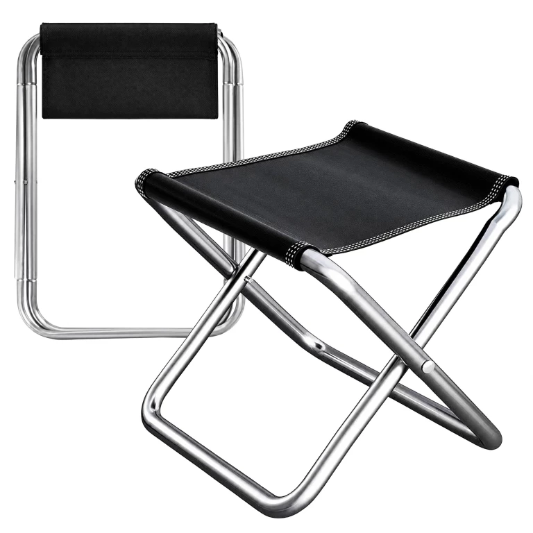 Scaun pliabil negru, 25 x 20 x 25 cm, cadru din otel argintiu, sezut textil, compact si portabil pentru camping, pescuit, drumetii si gradina [6]
