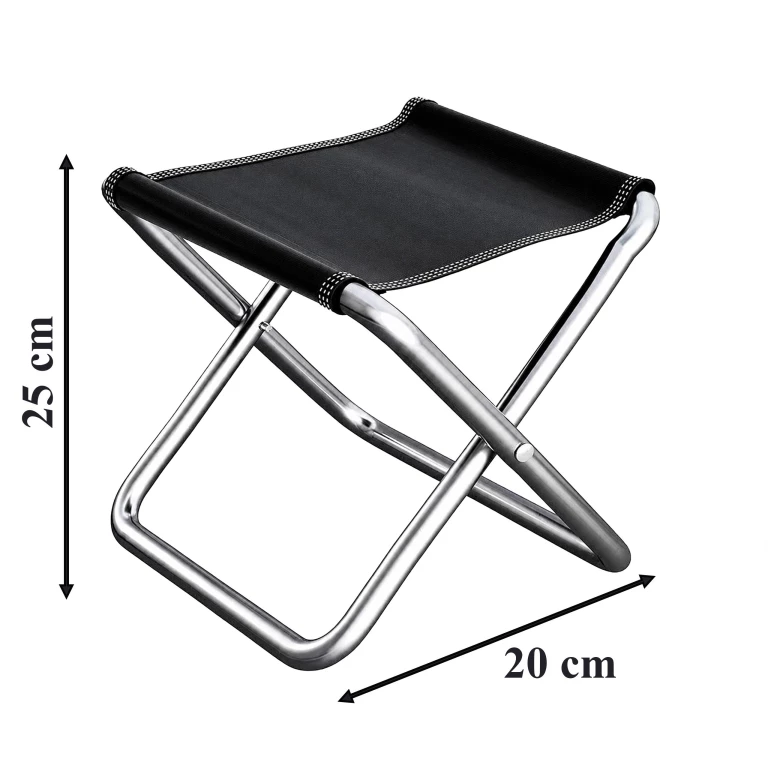 Scaun pliabil negru, 25 x 20 x 25 cm, cadru din otel argintiu, sezut textil, compact si portabil pentru camping, pescuit, drumetii si gradina [3]