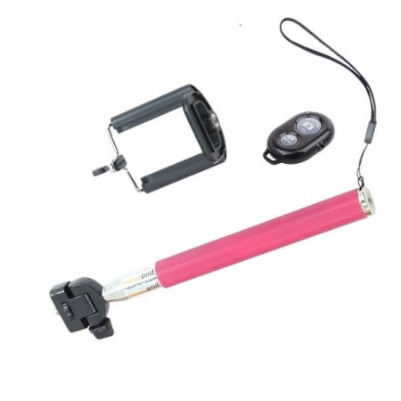Selfie stickuri - Selfie stick cu brat telescopic, filet universal 1/4, suport telefon si telecomanda Bluetooth - Roz