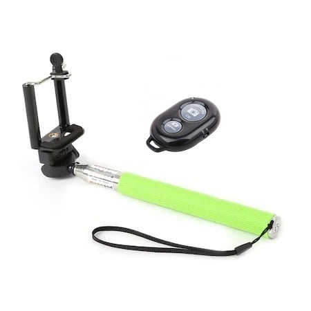 Selfie stickuri - Selfie stick cu brat telescopic, filet universal 1/4, suport telefon si telecomanda Bluetooth - Verde