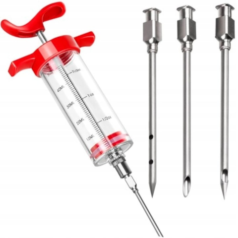 Seringa pentru carne, pentru sosuri si marinade, capacitate 50 ml, cu 3 ace incluse, recipient gradat, ideala pentru fripturi suculente si aromate, 23 cm, rosu [1]