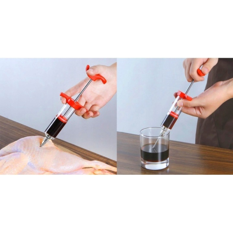 Seringa pentru carne, pentru sosuri si marinade, capacitate 50 ml, cu 3 ace incluse, recipient gradat, ideala pentru fripturi suculente si aromate, 23 cm, rosu [8]