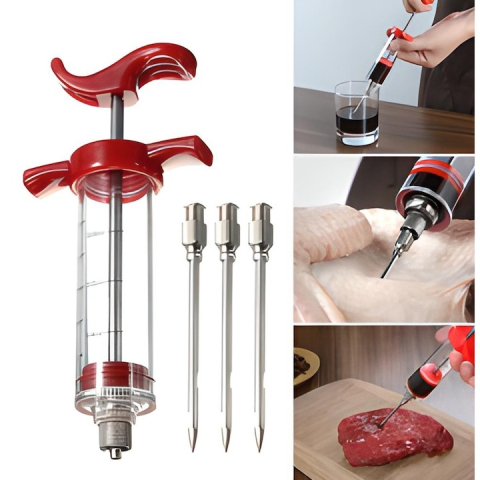 Seringa pentru maturare si marinare carne, 30 ml, cu 3 ace din inox pentru marinate lichide si groase, injectare uniforma, ideala pentru fripturi, mezeluri si preparate de casa [3]