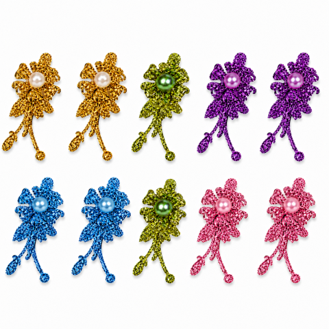 CASA & GRADINA - Set 10 agrafe de par aurii, verzi 5 x 2 cm, mov, bleu si roz, model floral metalizat, 2 din fiecare culoare, accesorii elegante pentru coafuri