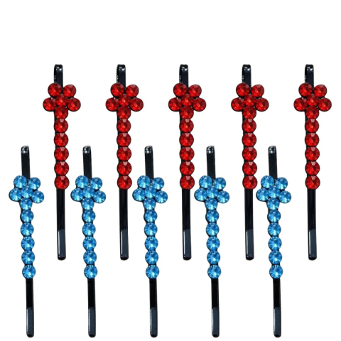 Set 10 agrafe par albastru si rosu 5 x 1 cm cu pietre artificiale, 5 albastru si 5 rosu, decor floral stralucitor pentru coc, impletituri si suvite [2]