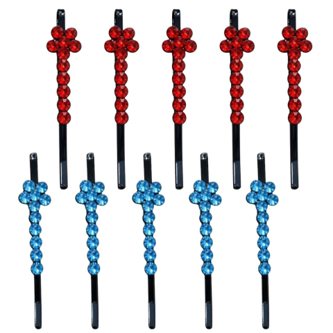 CASA & GRADINA - Set 10 agrafe par albastru si rosu 5 x 1 cm cu pietre artificiale, 5 albastru si 5 rosu, decor floral stralucitor pentru coc, impletituri si suvite