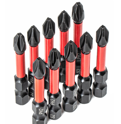 Set 10 biti PH2 rosu-negru 50 mm, torsiune, prindere HEX 1/4", otel pentru scule [2]