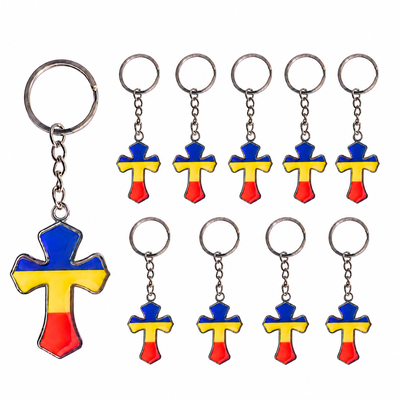 CASA & GRADINA - Set 10 brelocuri argintii 10,3 cm cu cruce tricolor Romania 2,1 x 3,4 cm, port chei metalic cu inel, pentru femei si barbati