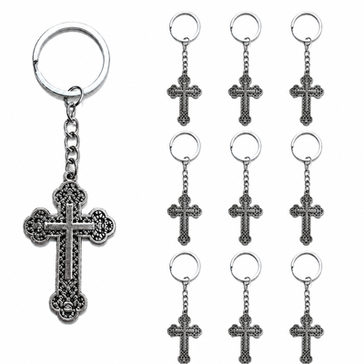Breloc - Set 10 brelocuri argintii 10,5 cm cu cruce 5,4 x 3,3 cm, metal patinat filigranat, accesorii religioase port chei barbati si femei sau marturii botez