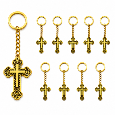 Breloc - Set 10 brelocuri aurii 10,8 cm cu cruce 5,4 x 3,2 cm, breloc crestin filigranat din aliaj metalic pentru femei si barbati sau marturii botez