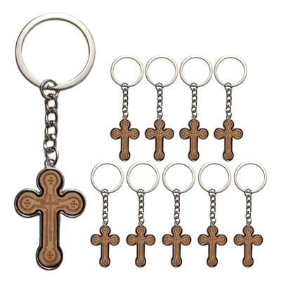Set 10 brelocuri crestine bej-argintiu 9,3 cm, cruce 3,5 x 2,6 cm, grosime 4 mm, inel 3,4 cm, pentru port chei barbati si femei sau marturii botez