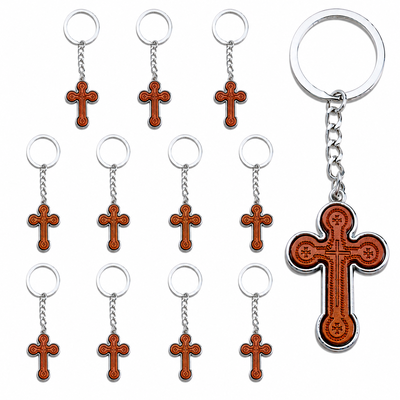 CASA & GRADINA - Set 10 brelocuri crestine maro-argintiu 9,3 cm, cruce 3,5 x 2,6 cm cu motive decorative, grosime 4 mm, inel 3,4 cm, pentru port chei barbati si femei sau marturii botez