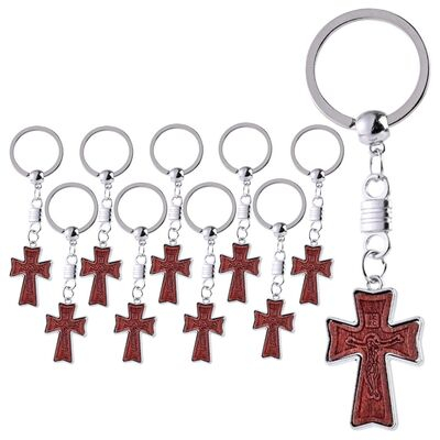 CASA & GRADINA - Set 10 brelocuri crestine maro-argintiu 9.5 cm, cruce 3.5 x 2.2 cm cu imaginea lui Isus incrustata, accesorii religioase cu inel metalic pentru chei, unisex