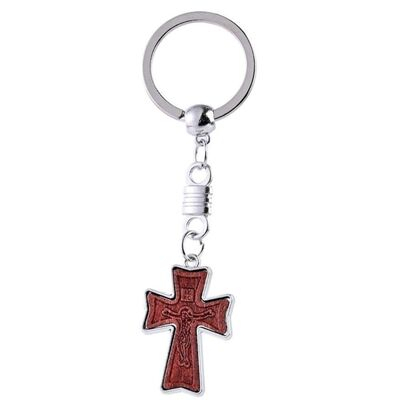 Set 10 brelocuri crestine maro-argintiu 9.5 cm, cruce 3.5 x 2.2 cm cu imaginea lui Isus incrustata, accesorii religioase cu inel metalic pentru chei, unisex [6]
