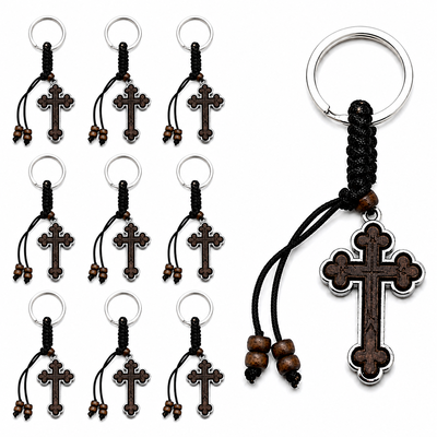 CASA & GRADINA - Set 10 brelocuri maro-argintiu 9 cm cu cruce 4 x 2,4 cm, grosime 4 mm, inel 2,9 cm, snur maro inchis, accesorii crestine pentru chei si marturii botez