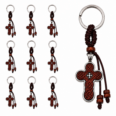 CASA & GRADINA - Set 10 brelocuri religioase maro-argintiu 9.5 cm, cruci crestine 4 cm gravate pe fata, spate metalic, snur impletit cu margele din lemn, inel 2.9 cm, marturii botez