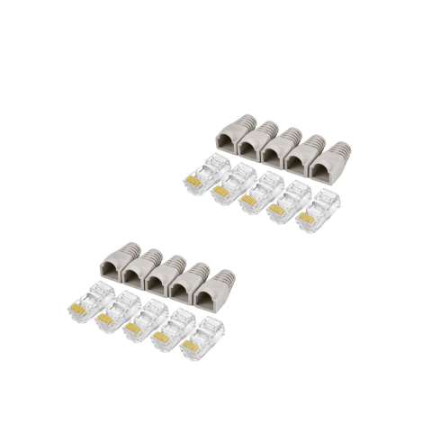 Set 10 bucati conectori retea RJ45 Cat6e ecranati EZ pass through cu pini placati cu aur si 10 bucati mansoane protectie RJ45 pentru cablu UTP sau FTP [1]