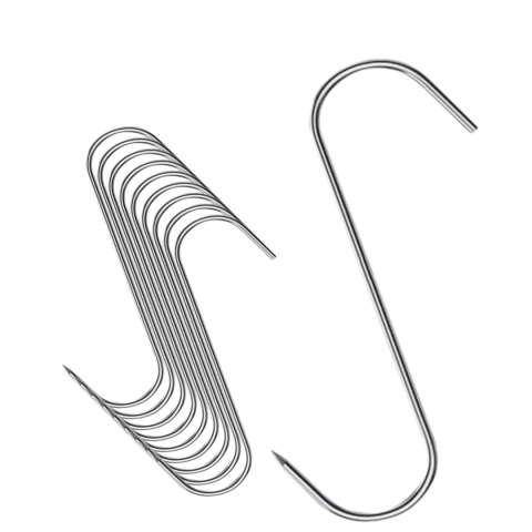 CASA & GRADINA - Set 10 carlige inox pentru afumatoare, argintii 13.5 cm, grosime 2.8 mm, tip S reutilizabil cu varf ascutit, pentru carne, macelarie, uscare si maturare
