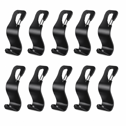 ARTICOLE AUTO - Set 10 carlige pentru tetiera auto, negru, 12.7 x 6.8 cm, suport pentru pungi, genti, haine si accesorii, montaj rapid, rezistenta ridicata