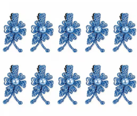 Set 10 cleme de par bleu 5 x 2 cm, model floral metalizat, accesorii chic pentru par, prindere sigura pentru coafuri [1]