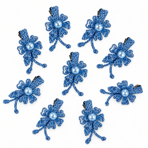 Set 10 cleme de par bleu 5 x 2 cm, model floral metalizat, accesorii chic pentru par, prindere sigura pentru coafuri [2]