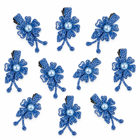 Ingrijire par - Set 10 cleme de par bleu 5 x 2 cm, model floral metalizat, accesorii chic pentru par, prindere sigura pentru coafuri
