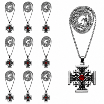 CADOURI - Set 10 coliere argintii 29 cm cu pandantiv cruce Ierusalim 2,3 x 2,3 cm, lant metalic Jerusalem unisex, marturii botez, accesorii si cadouri crestine