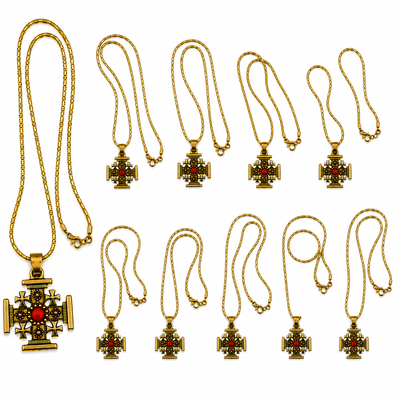 CADOURI - Set 10 coliere aurii 42 cm, Crucea Ierusalimului 23 x 23 mm, cruciulite metalice bilaterale cu insertie rosie, lanturi religioase unisex