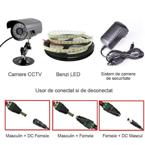Set 10 conectori alimentare CCTV DC 2.1/5.5 mm cu surub, 5 mufe mama si 5 mufe tata pentru camere supraveghere, DVR si benzi LED [2]