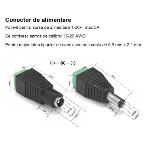 Set 10 conectori alimentare CCTV DC 2.1/5.5 mm cu surub, 5 mufe mama si 5 mufe tata pentru camere supraveghere, DVR si benzi LED [1]