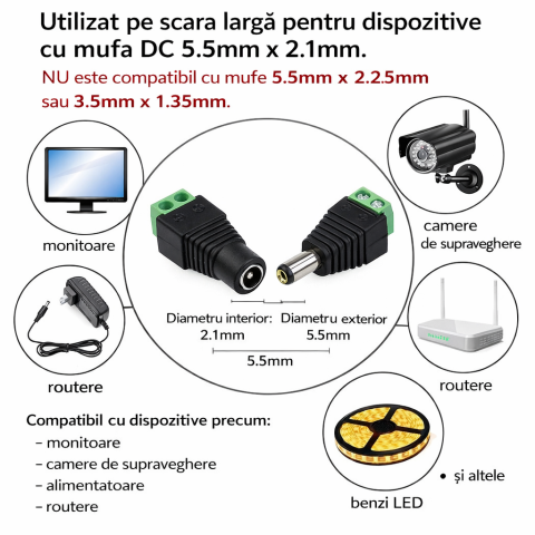Set 10 conectori alimentare CCTV mama tata 2.1/5.5 mm cu prindere surub, adaptor alimentare camere supraveghere compatibil cablu alimentare sau UTP [1]