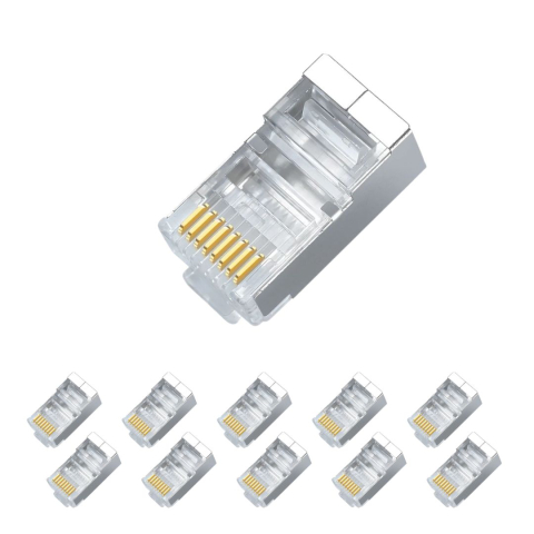 Set 10 conectori retea RJ45 ecranati Cat6e EZ pass through pentru cablu UTP sau FTP, pini placati cu aur, carcasa metal si plastic