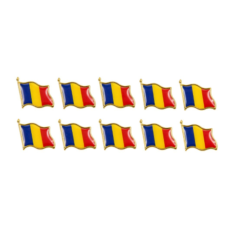 Insigne - Set 10 insigne steag Romania, metal auriu cu email, model brosa cu ac de siguranta, 20 x 20 mm