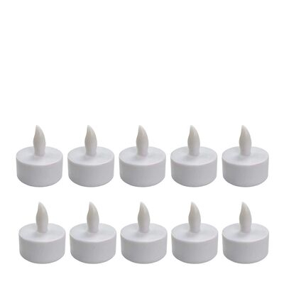 Set 10 lumanari LED albe 4.1 x 3.9 cm, iluminare galbena cu efect de flacara, 30 baterii LR41 AG3 incluse, pentru amenajari interioare, mese si aniversari