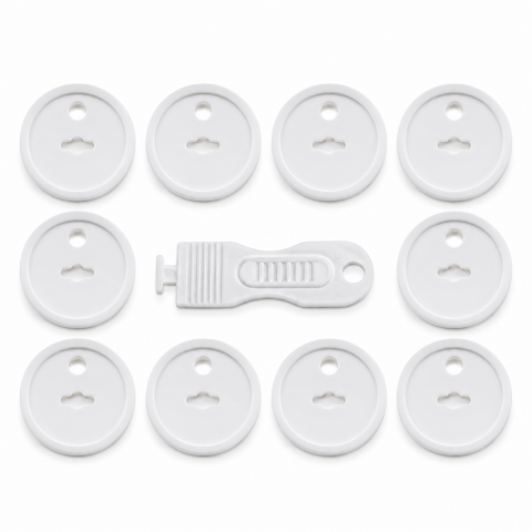 Set 10 Protectii pentru Prize cu Cheie de Deblocare, Sistem Siguranta pentru Copii, ABS Rezistent, Montaj Usor, Alb, 3.7 x 2.3 cm [1]