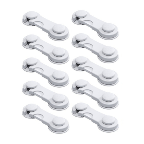 Crestere copil - Set 10 sigurante pentru copii, universale, pentru usi, sertare, dulapuri, plastic, 9 cm, alb