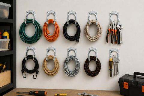 Diverse Unelte - Set 10 suporturi pentru perete, organizare furtunuri, cabluri si unelte, otel galvanizat, 7 x 5,5 x 6,5 cm fiecare, argintiu, accesorii montaj incluse