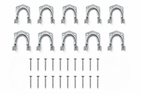 Set 10 suporturi pentru perete, organizare furtunuri, cabluri si unelte, otel galvanizat, 7 x 5,5 x 6,5 cm fiecare, argintiu, accesorii montaj incluse [1]