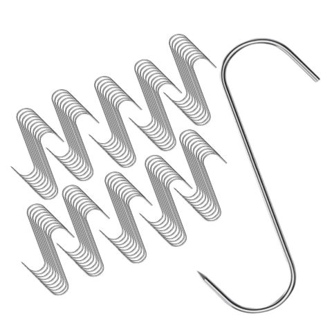 CASA & GRADINA - Set 100 carlige inox pentru suspendare carne, argintii 13.5 cm, grosime 2.8 mm, forma S reutilizabila cu capat ascutit, pentru afumare, macelarie si uscare