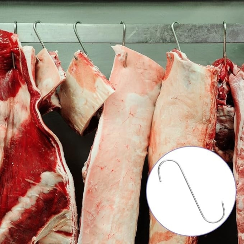 Set 100 carlige pentru afumare si macelarie, argintii 14 cm, grosime 2.8 mm, inox rezistent tip S cu varf ascutit, pentru suspendare si uscare carne [6]