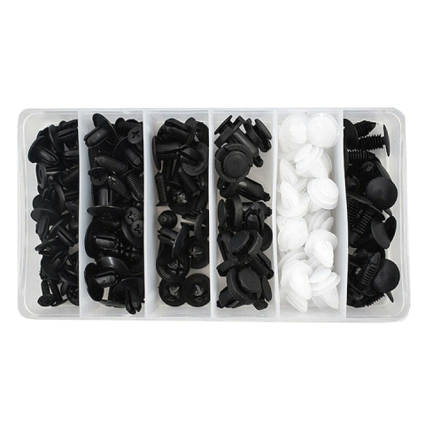 Set 100 clipsuri auto universale pentru fixare, din plastic rezistent, alb/negru, cu cutie compartimentata [4]