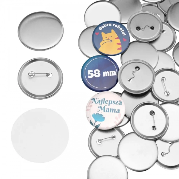 Insigne - Set 100 componente pentru insigne personalizate 58 mm, blank-uri metalice cu ac de siguranta si folie transparenta, compatibile cu presa pentru ecusoane
